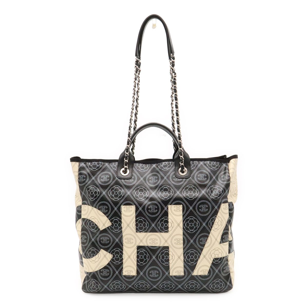 Chanel Camellia CC Logo Large Shopping Tote 2-Way Chain Shoulder Bag Black Beige