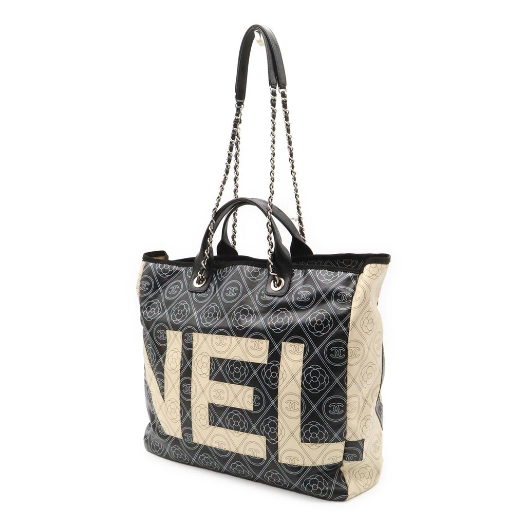 Chanel Camellia CC Logo Large Shopping Tote 2-Way Chain Shoulder Bag Black Beige — view 2