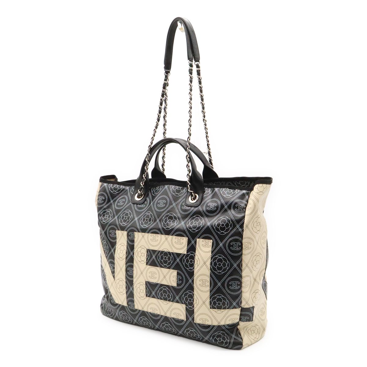 Chanel Camellia CC Logo Large Shopping Tote 2-Way Chain Shoulder Bag Black Beige — view 2