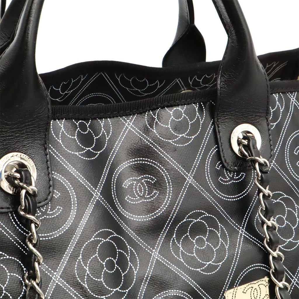 Chanel Camellia CC Logo Large Shopping Tote 2-Way Chain Shoulder Bag Black Beige — view 8