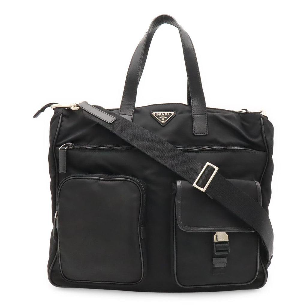 Prada Business Briefcase Tote 2-Way Shoulder Bag Crossbody Nylon Leather Nero