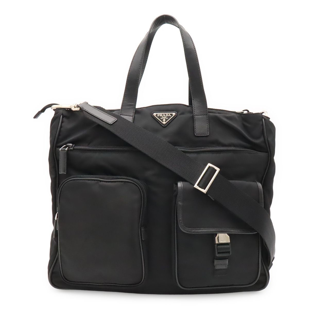 Prada Business Briefcase Tote 2-Way Shoulder Bag Crossbody Nylon Leather Nero