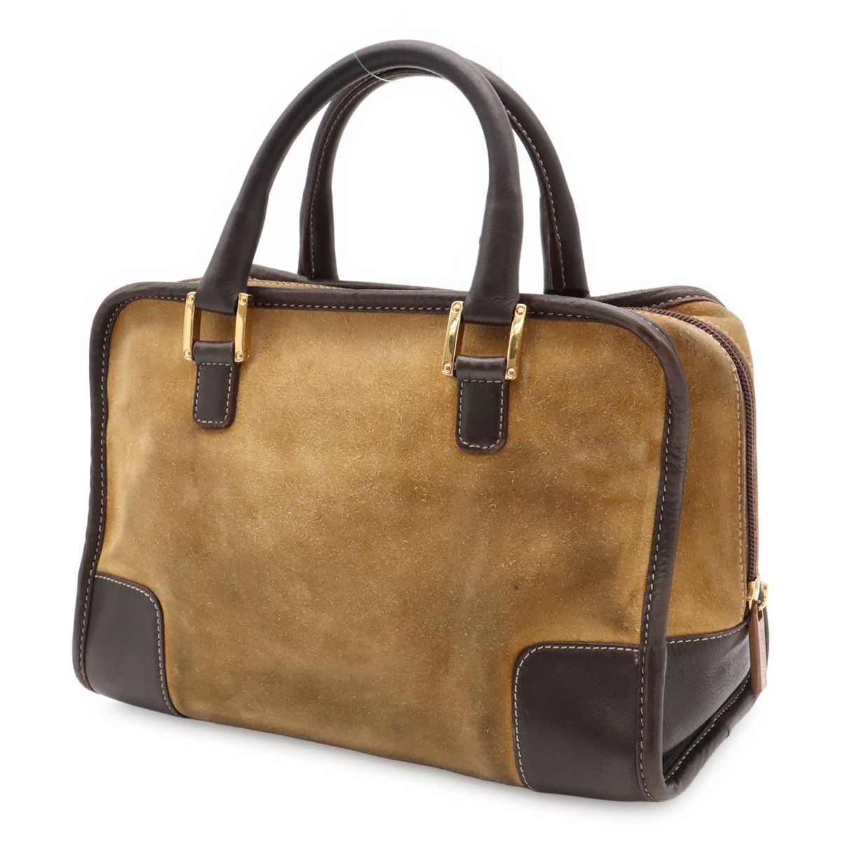 Loewe Amazona 27 Mini Boston Bag Suede Leather Beige Dark Brown Gold — view 2
