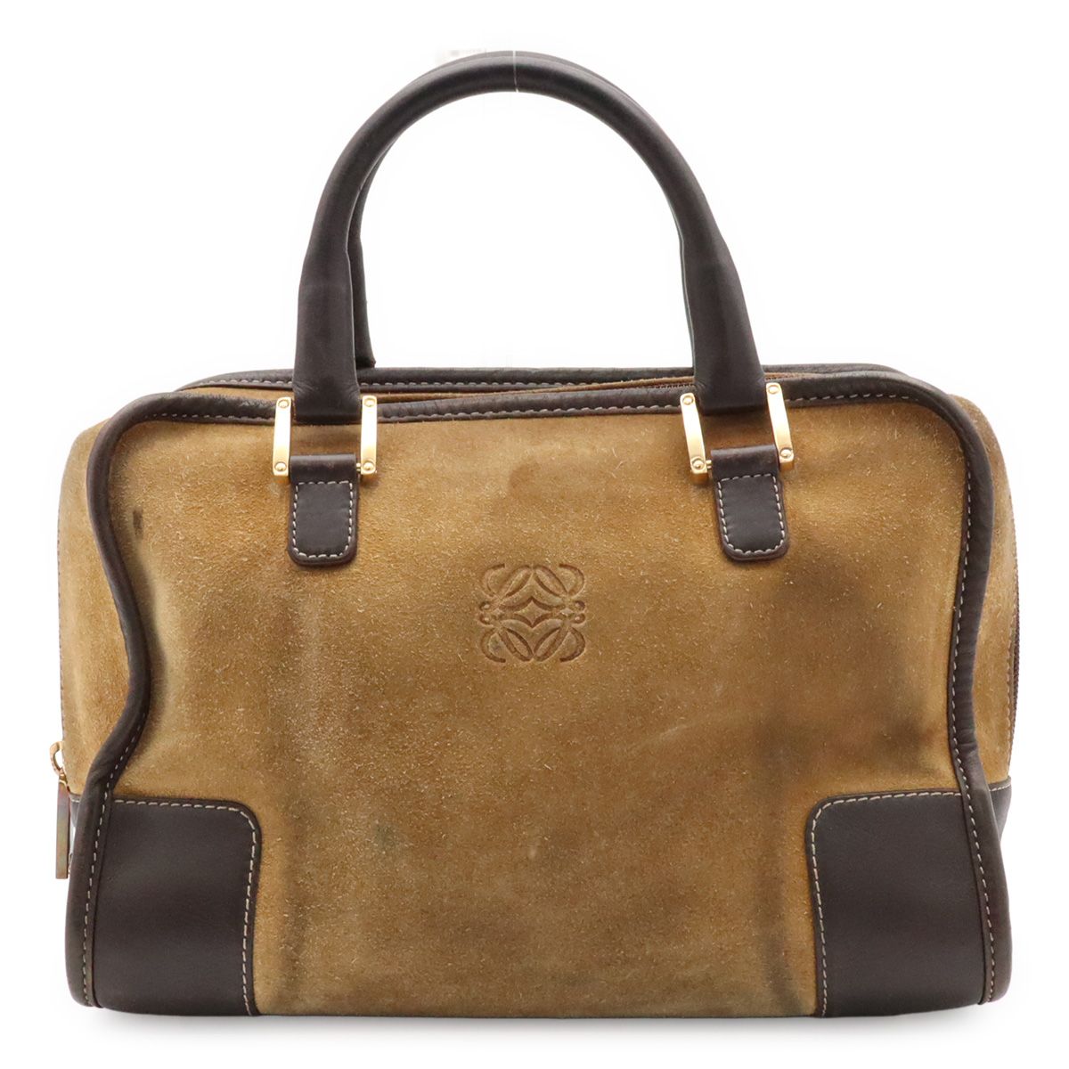 Loewe Amazona 27 Mini Boston Bag Suede Leather Beige Dark Brown Gold