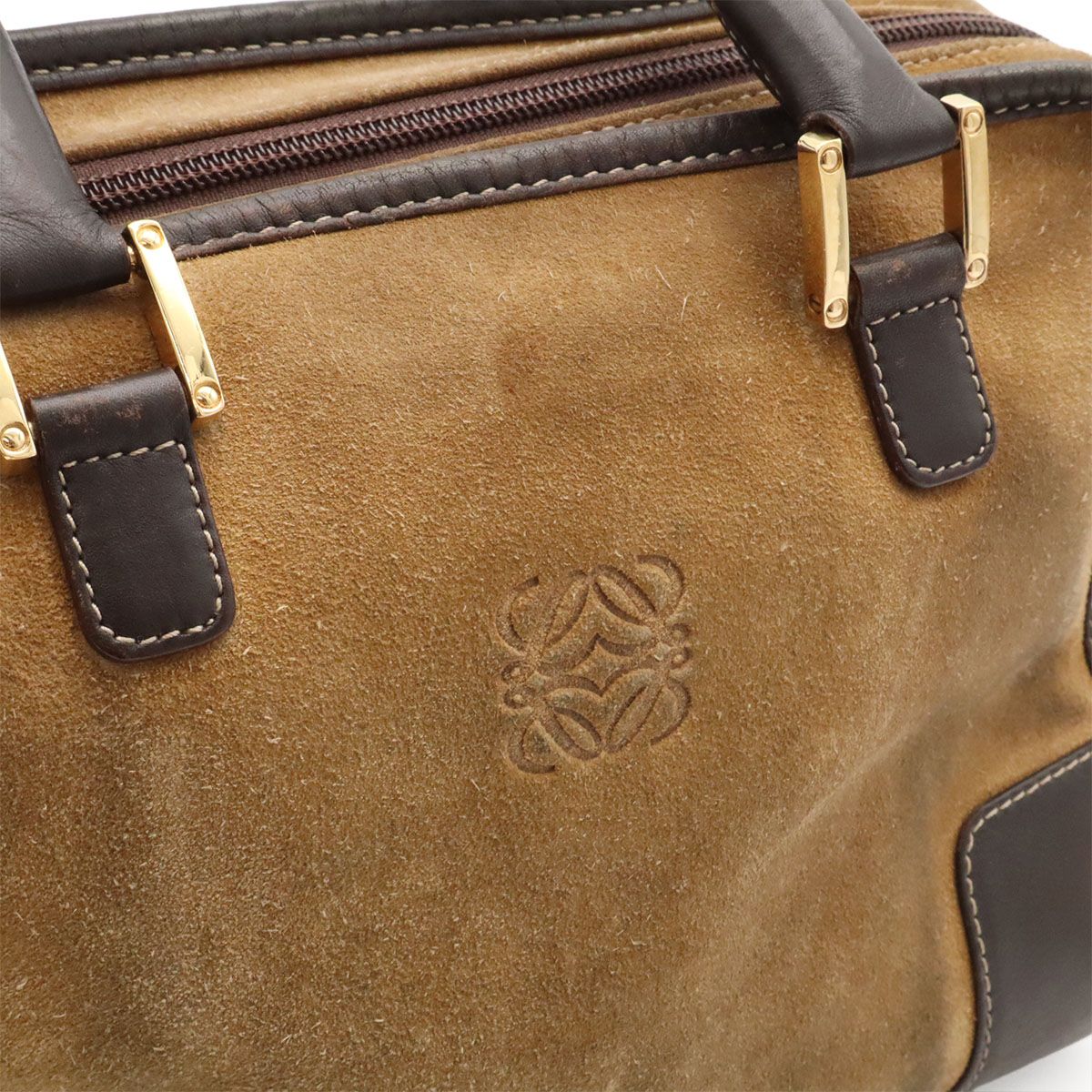 Loewe Amazona 27 Mini Boston Bag Suede Leather Beige Dark Brown Gold — view 7