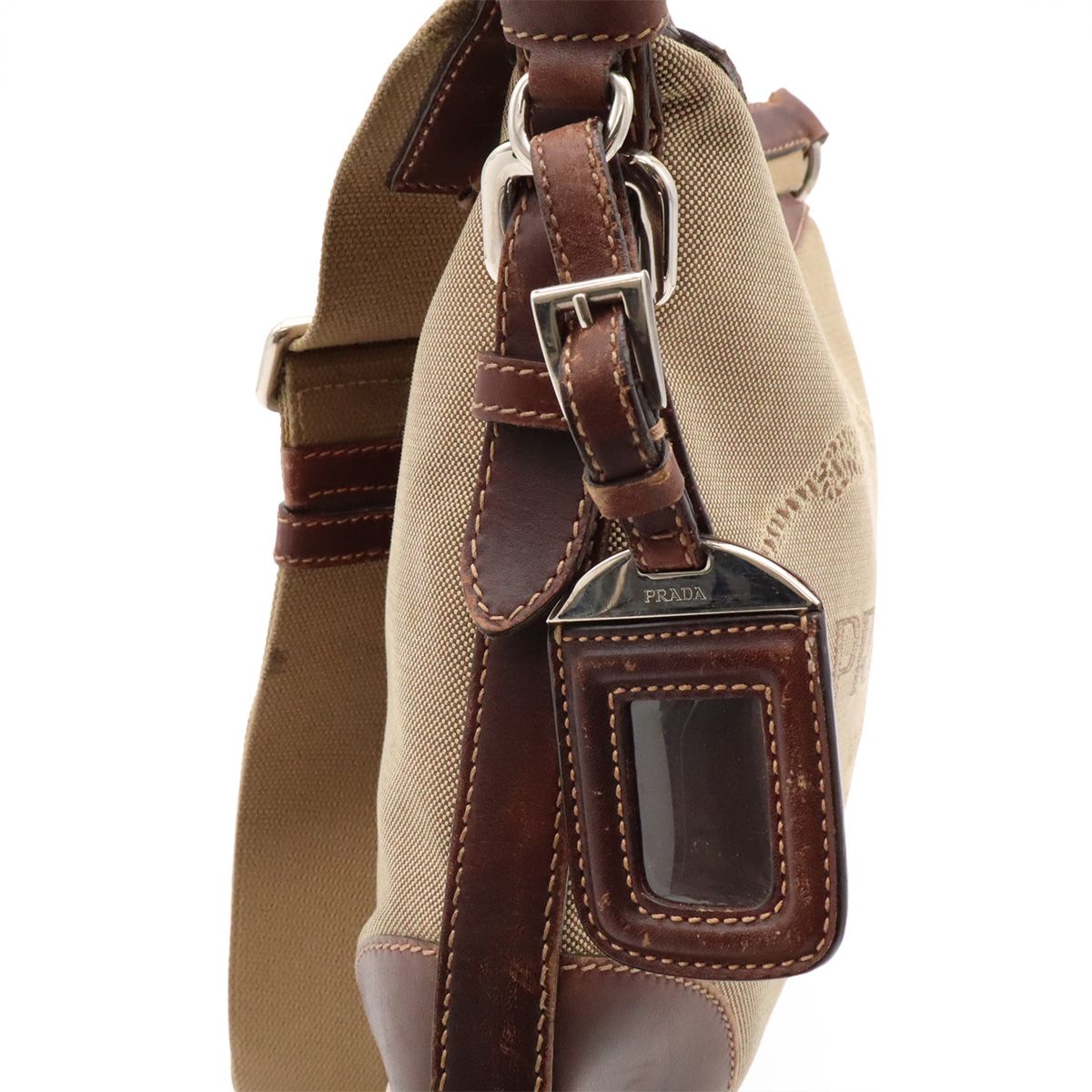 Prada Logo Jacquard Shoulder Bag Crossbody Canvas Leather Khaki Beige Dark — view 6