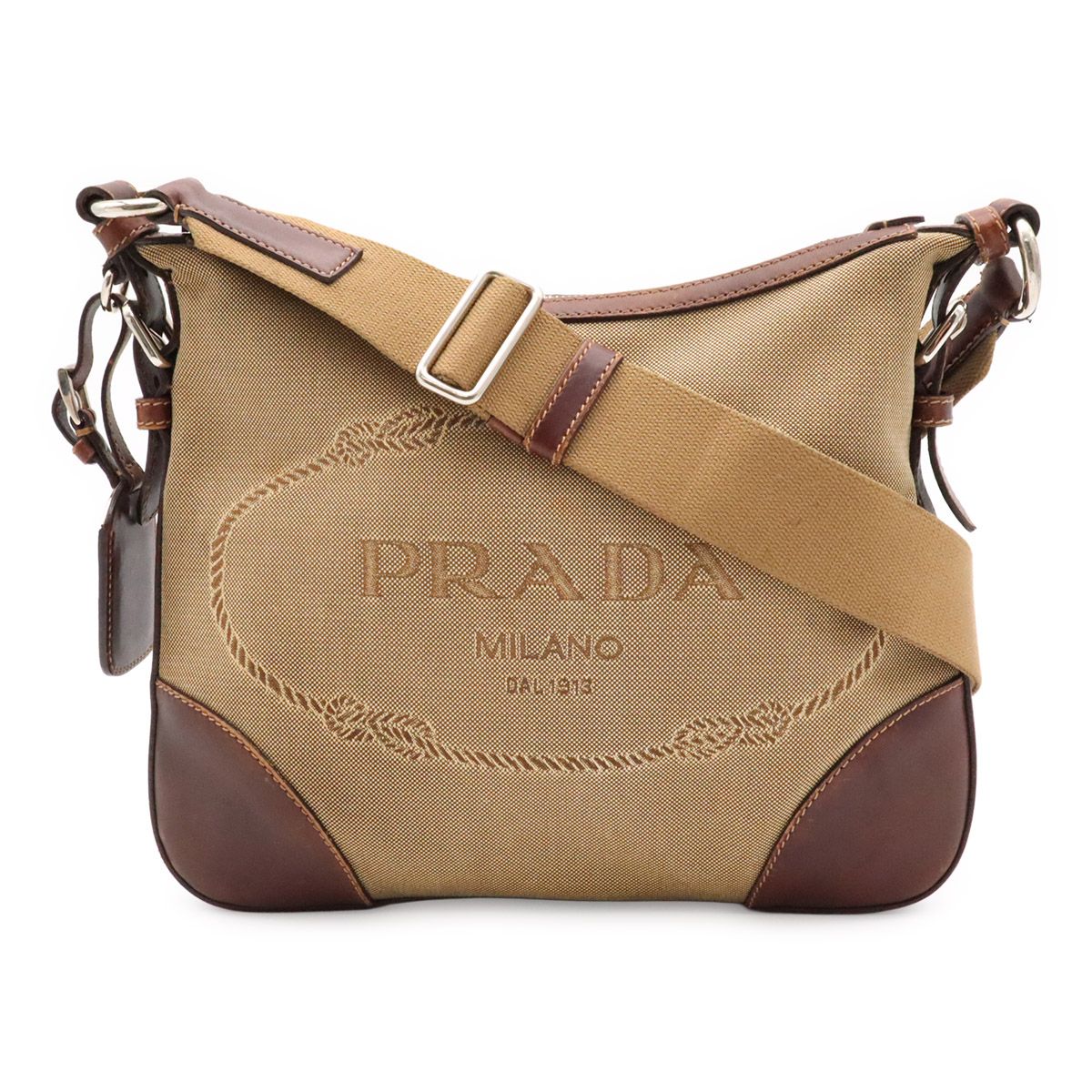 Prada Logo Jacquard Shoulder Bag Crossbody Canvas Leather Khaki Beige Dark
