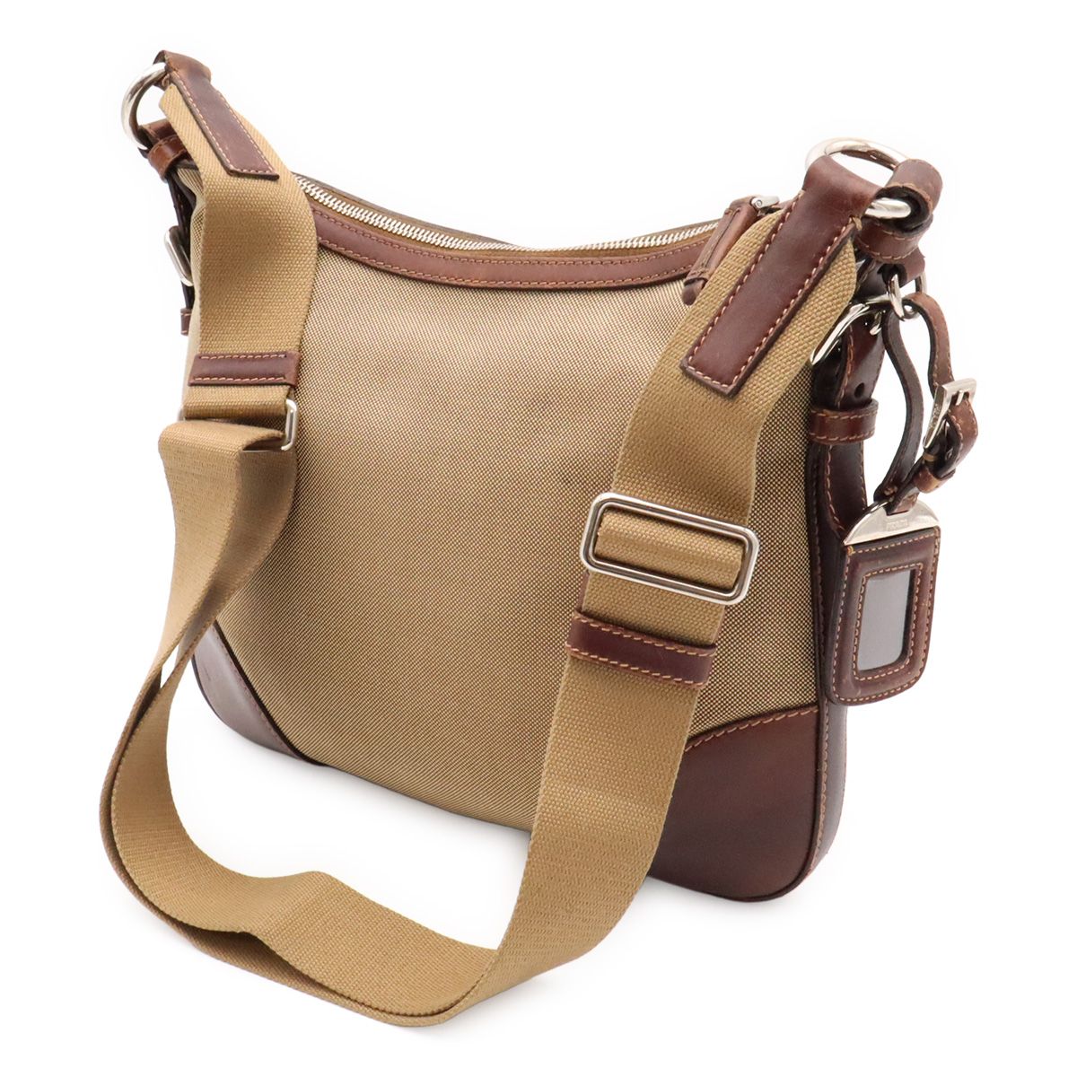 Prada Logo Jacquard Shoulder Bag Crossbody Canvas Leather Khaki Beige Dark — view 2