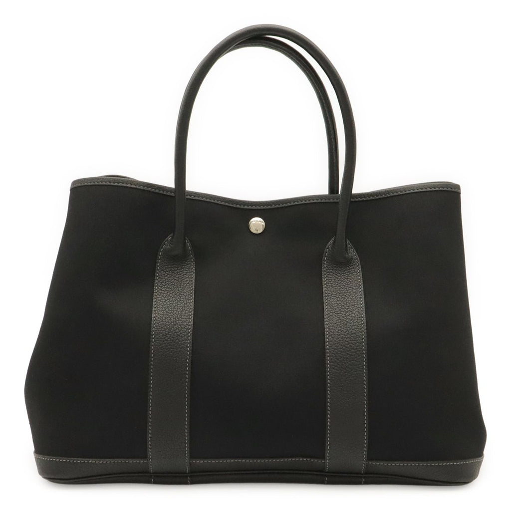 Hermes Garden Party PM Tote Shoulder Bag Toile Officier Leather Black