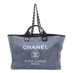 Chanel Deauville GM 2-Way Chain Tote Logo Shoulder Canvas Leather Blue