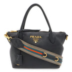 Prada Vitello Daino 2-Way Shoulder Bag Stripe Nero Black Gold