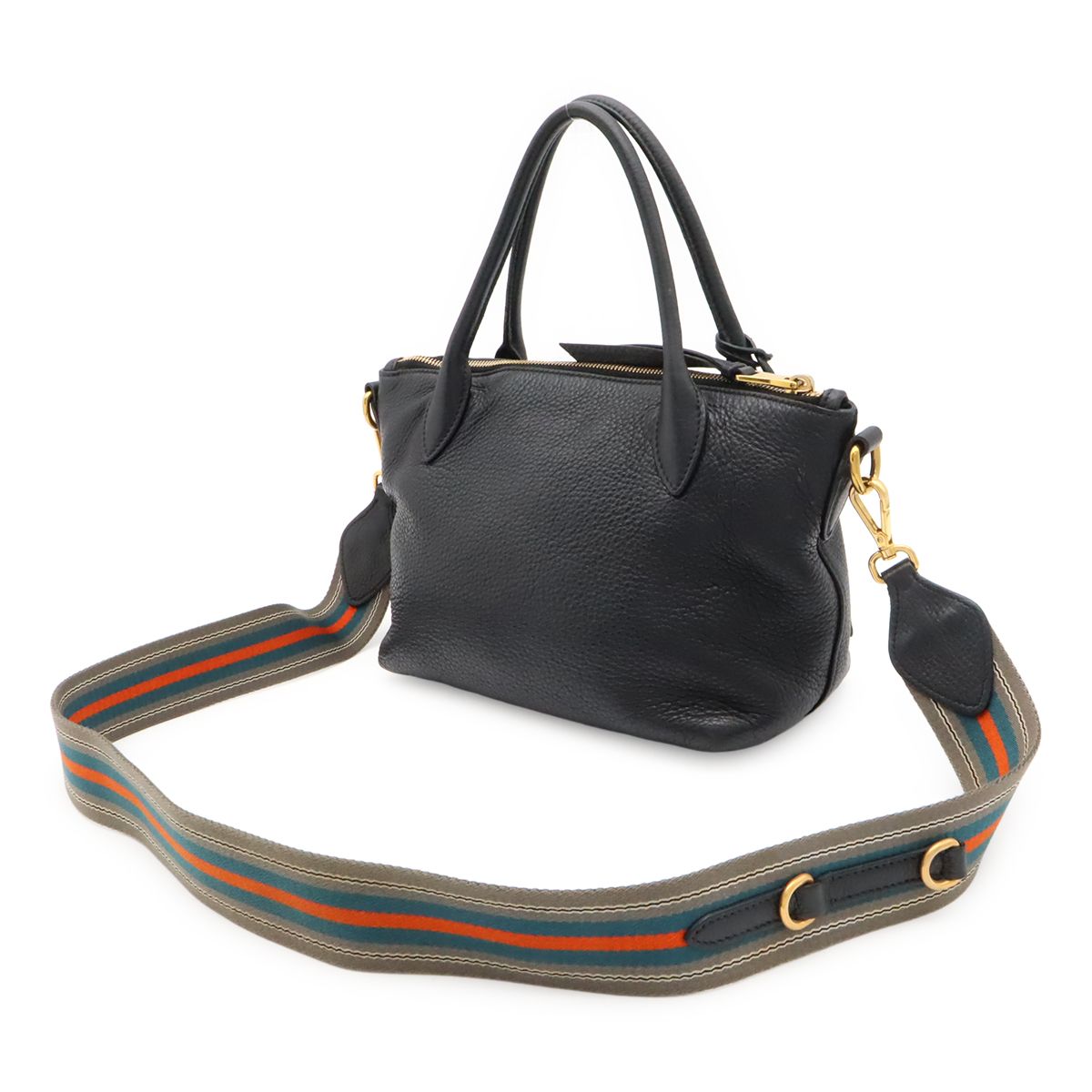 Prada Vitello Daino 2-Way Shoulder Bag Stripe Nero Black Gold — view 2