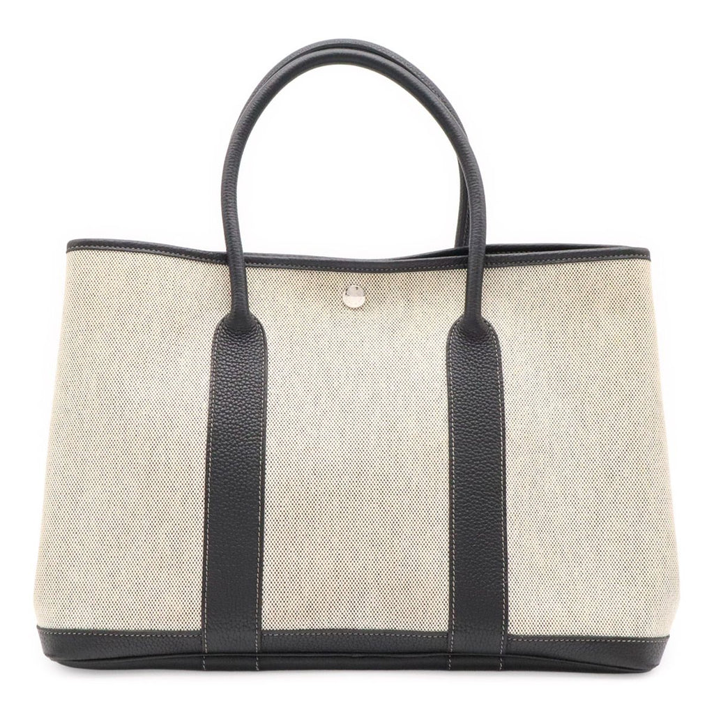 Hermes Garden Party PM Bolduc Ribbon Tote Toile Ash Leather Gray Black