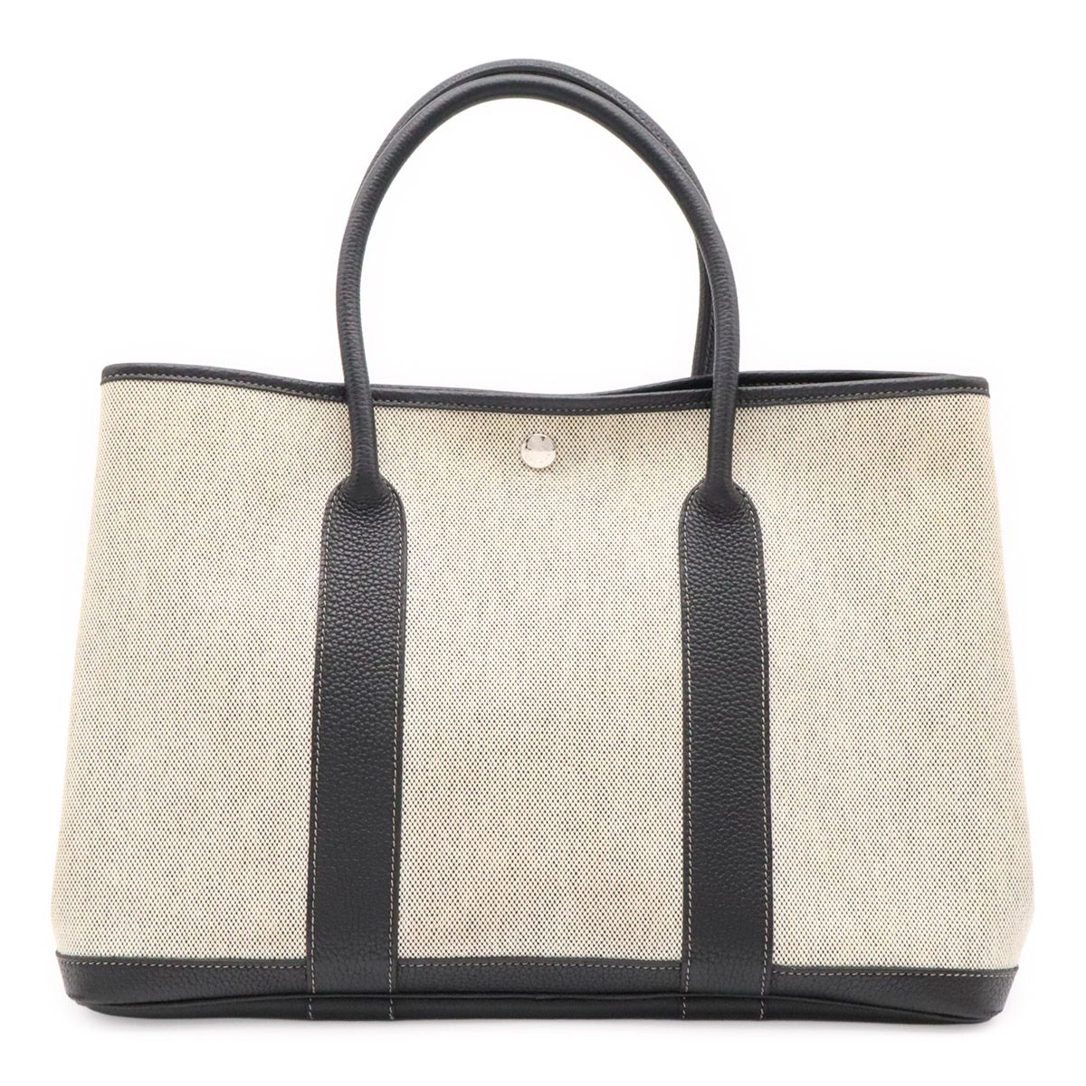 Hermes Garden Party PM Bolduc Ribbon Tote Toile Ash Leather Gray Black