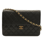 Chanel Quilted CC Logo Chain Shoulder Bag Lambskin Leather Black Gold