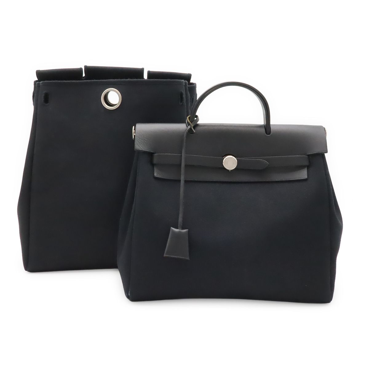 Hermes Herbag a Dos PM Backpack 2-Way Handbag Toile Officier Leather Black