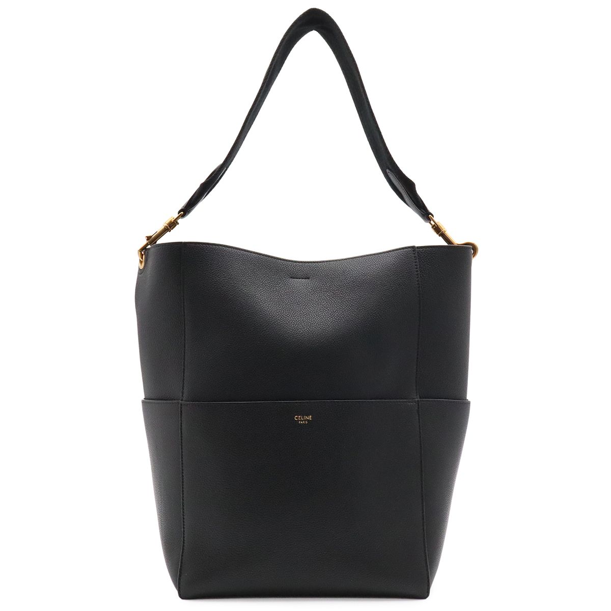 Celine Sangles Bucket Shoulder Bag Leather Black Gold