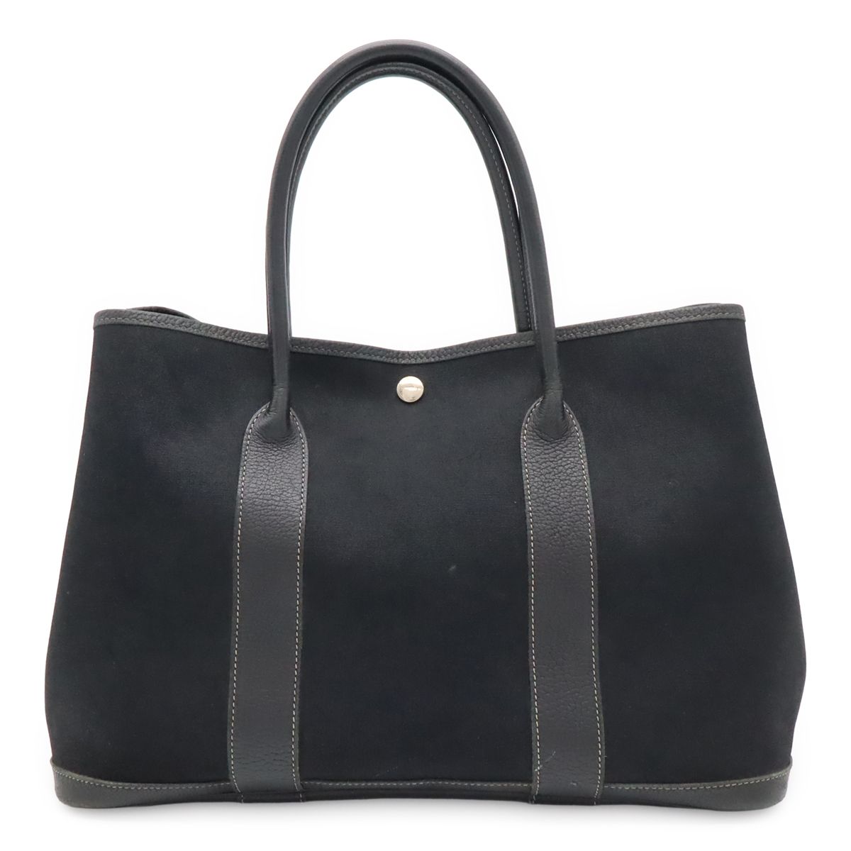 Hermes Garden Party PM Tote Shoulder Bag Toile Officier Leather Black