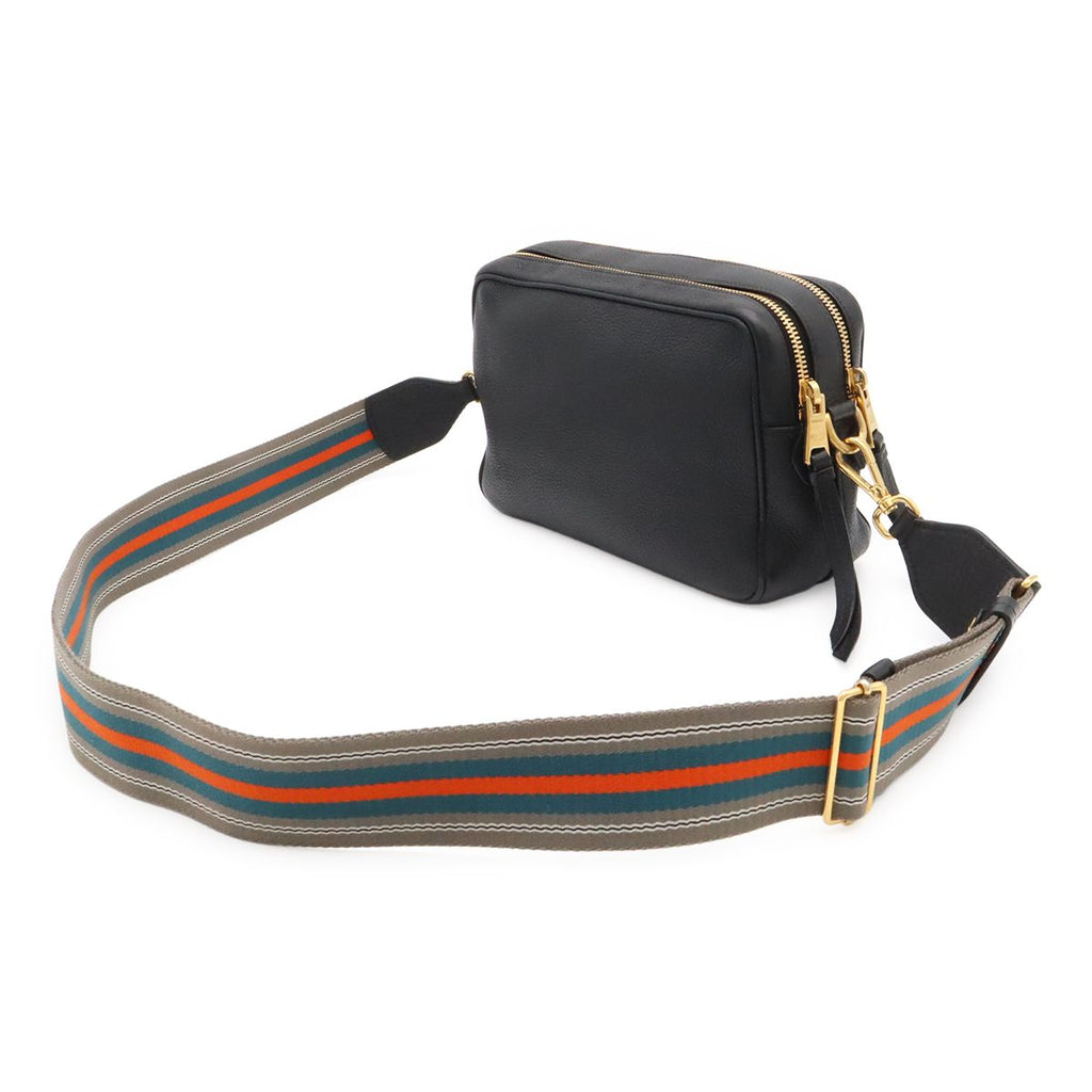 Prada Vitello Daino Logo Shoulder Bag Striped 2-Way Clutch Leather Nero Black — view 2
