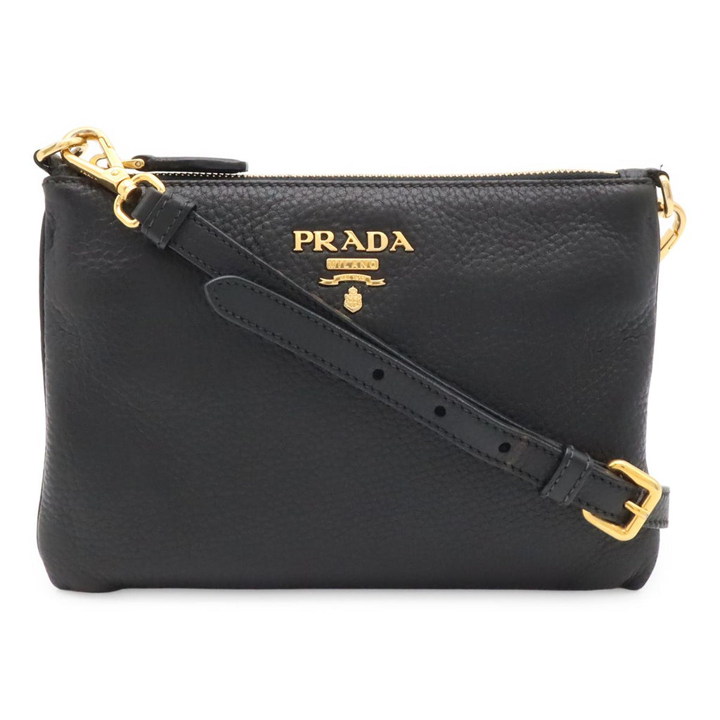 Prada Shoulder Bag Pochette Crossbody 2-Way Clutch Vitello Daino Leather Nero