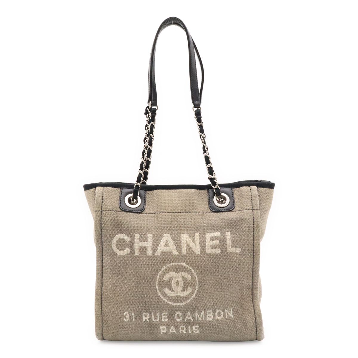 Chanel Deauville Tote Shoulder Bag Chain Canvas Leather Gray Black