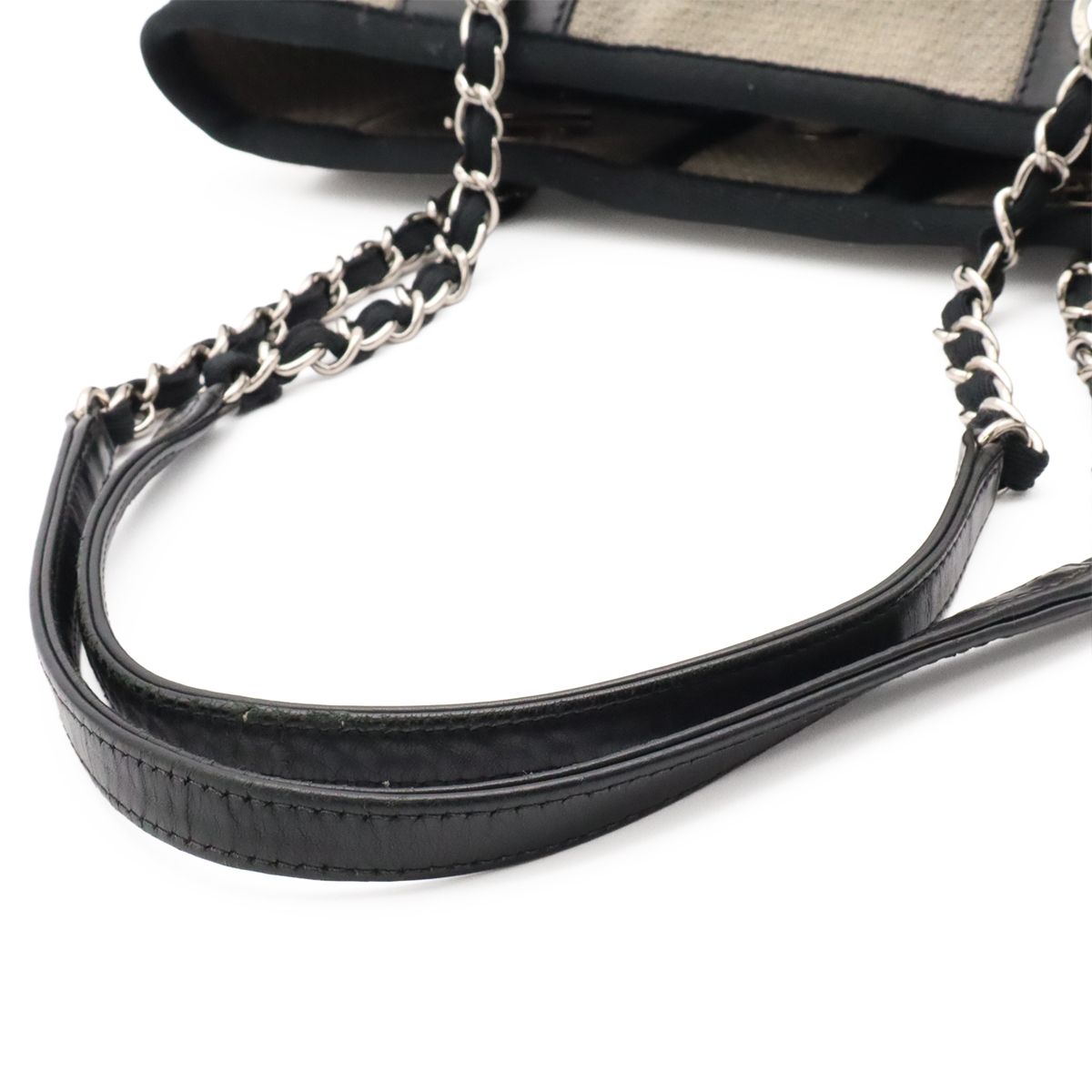 Chanel Deauville Tote Shoulder Bag Chain Canvas Leather Gray Black — view 4