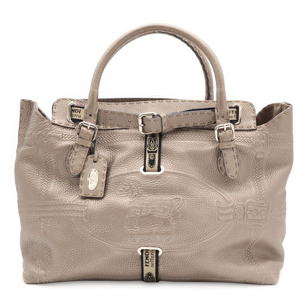 Fendi Selleria Large Villa Borghese Handbag Leather Gray Ju Silver