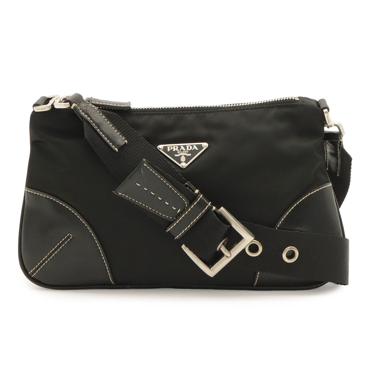 Prada Tessuto Light Shoulder Bag Nylon Leather Nero Black Silver