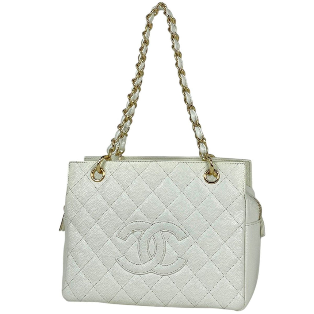 Chanel Shoulder Bag CC Logo Quilted Caviar Leather White