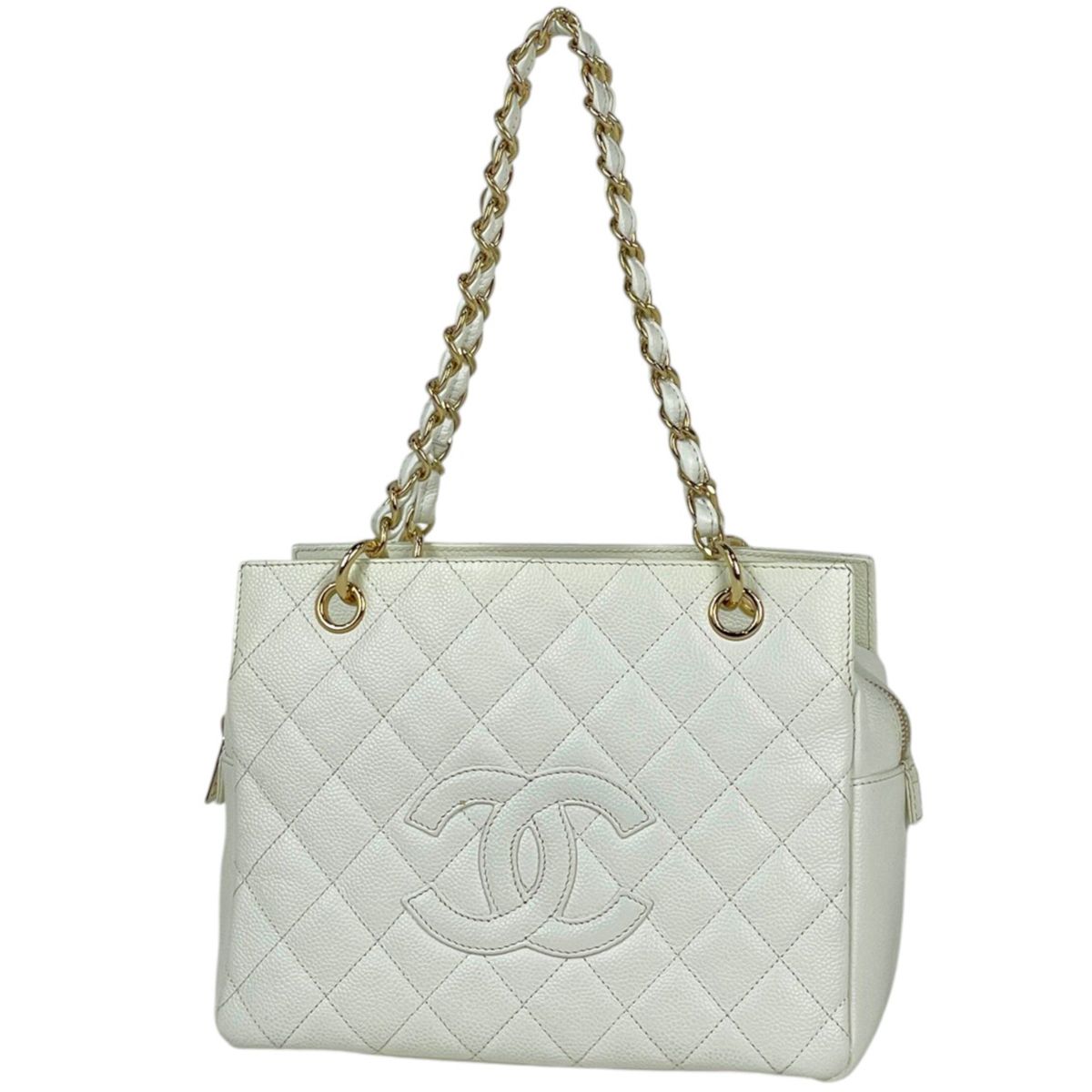 Chanel Shoulder Bag CC Logo Quilted Caviar Leather White