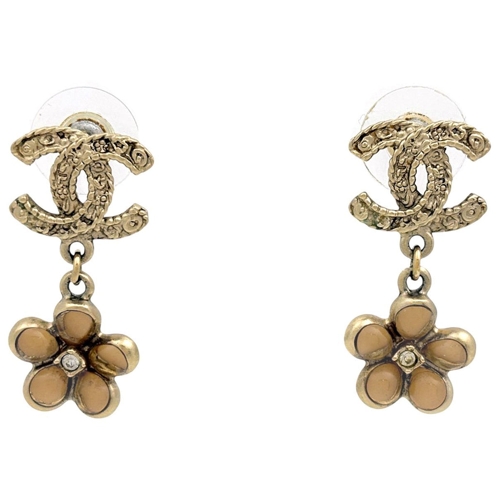 Chanel Earrings CC Logo Flower Swing Rhinestone Gold
