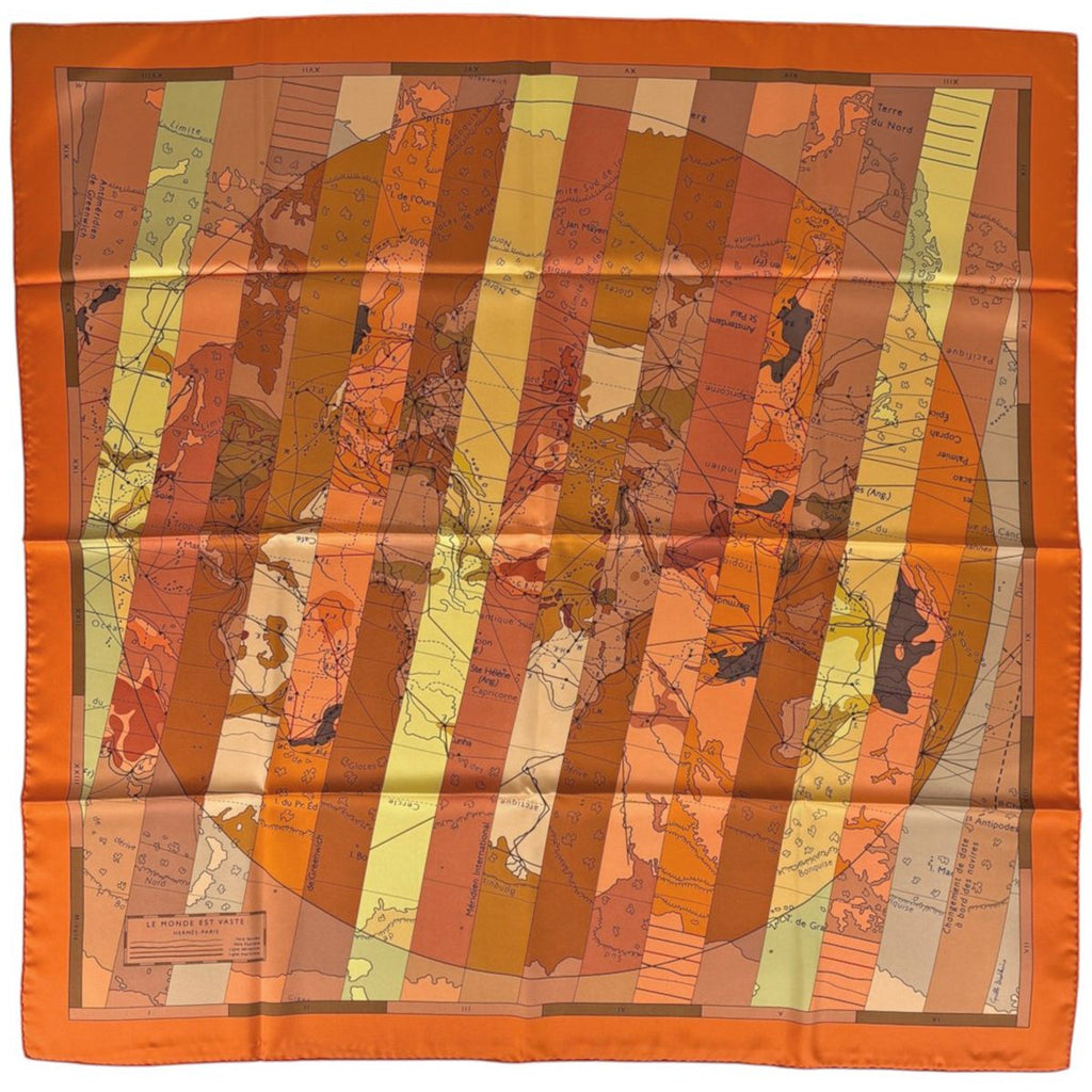 Hermes Carre 90 le Monde Est Vaste Scarf World Map Silk Orange Multicolor