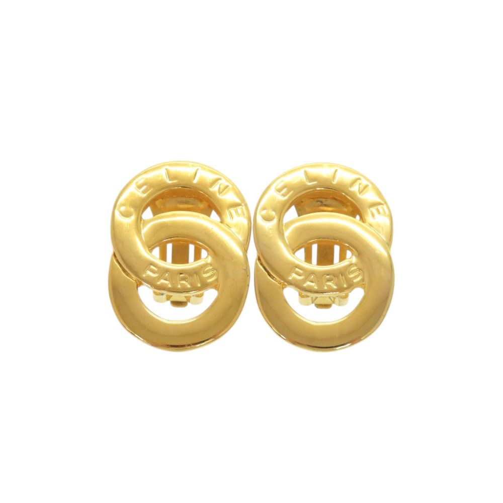 Celine Vintage Double Circle Logo Metal Gold Earrings