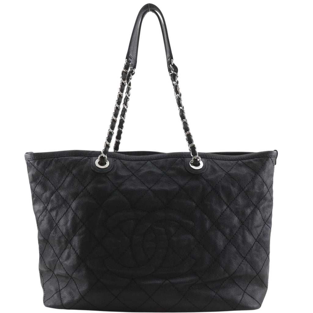 Chanel Chain Tote Quilted CC Logo Caviar Leather Black