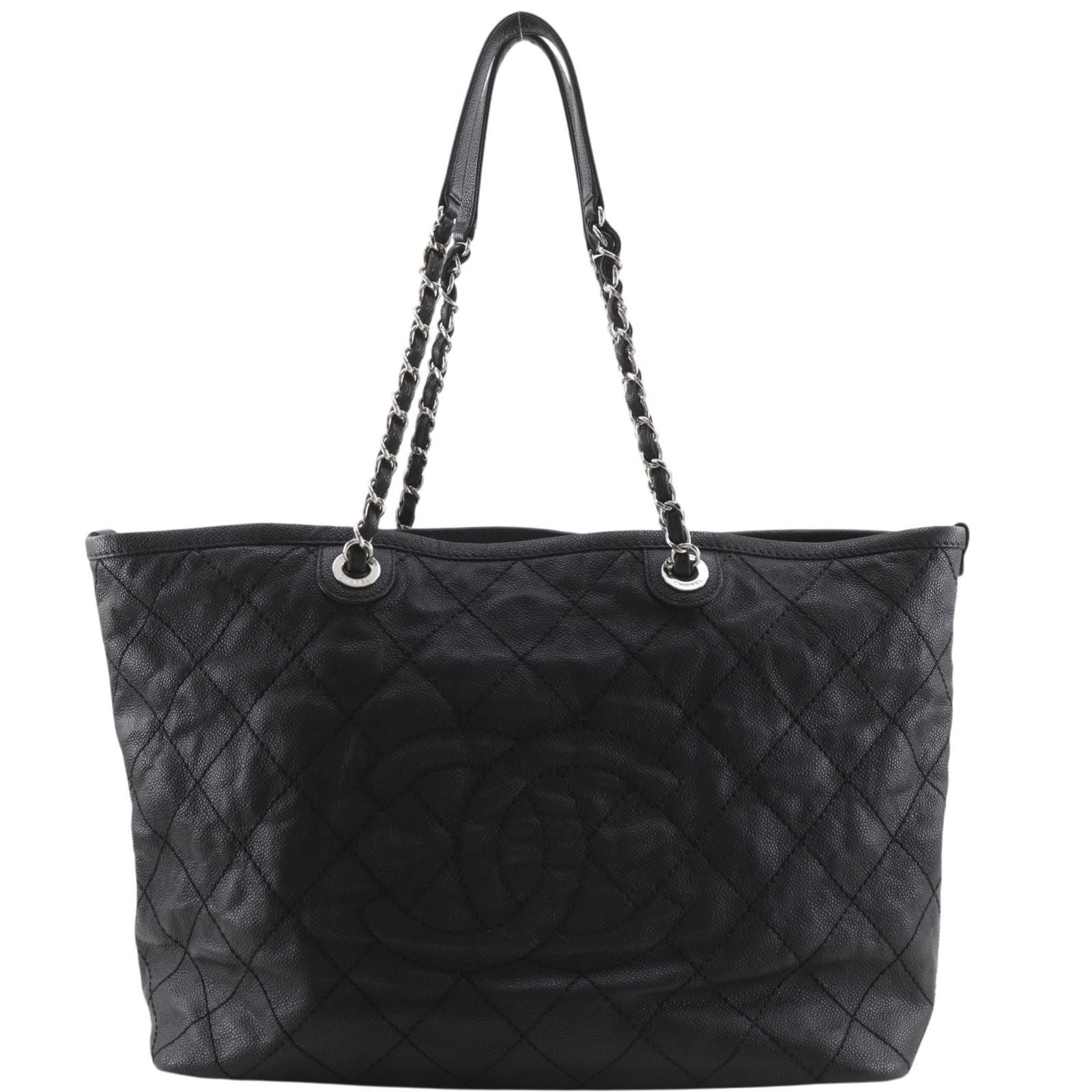 Chanel Chain Tote Quilted CC Logo Caviar Leather Black