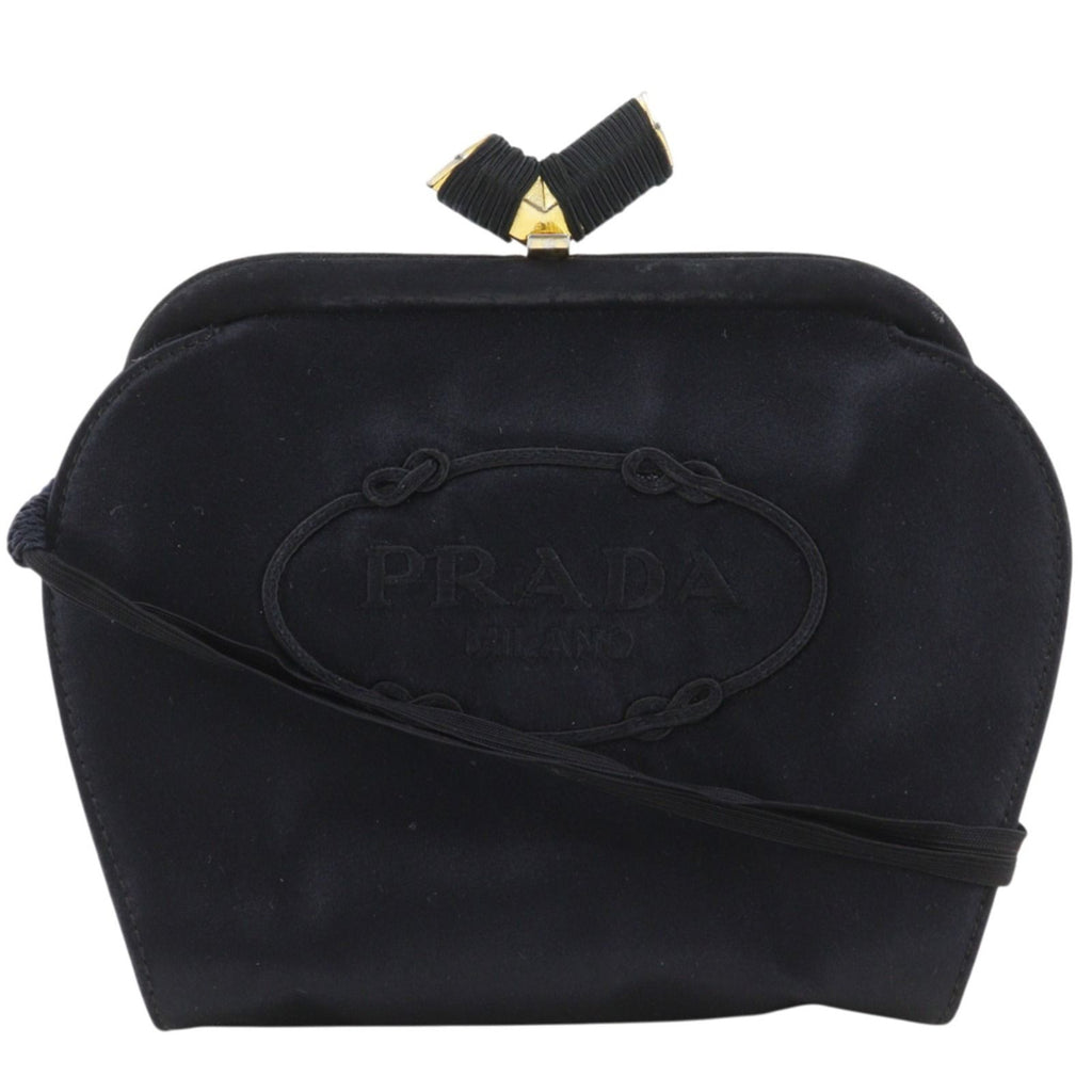 Prada Logo Kiss Lock 2-Way Clutch Satin Black