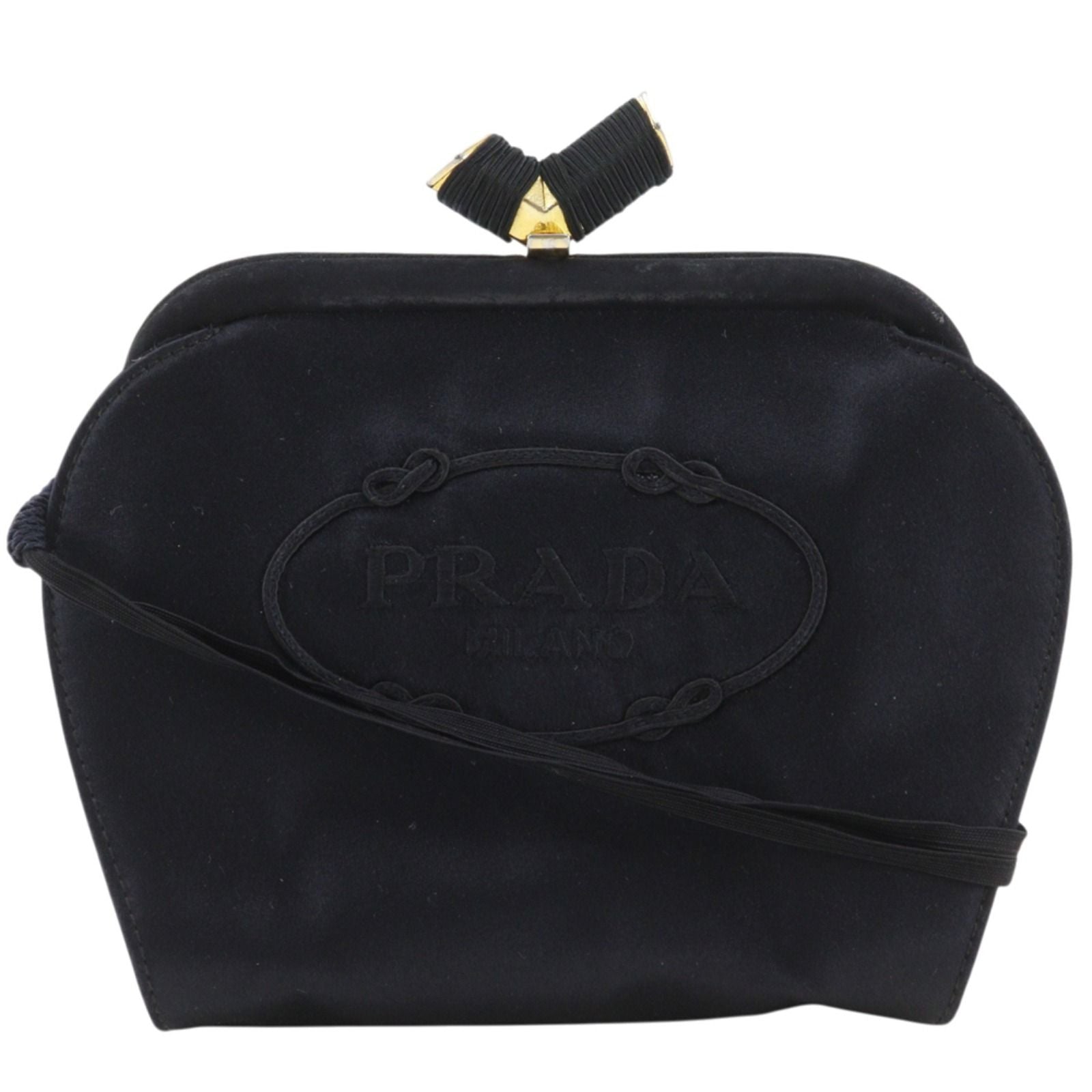 Prada Logo Kiss Lock 2-Way Clutch Satin Black