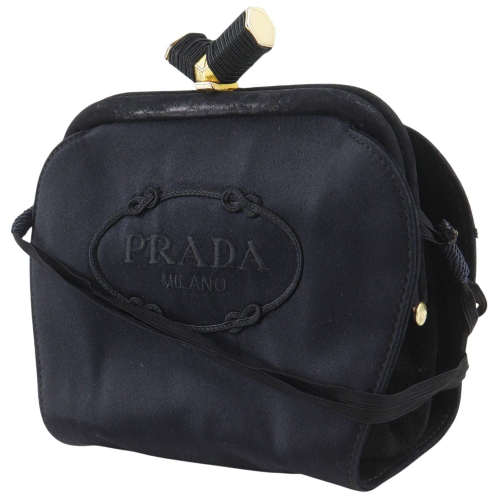 Prada Logo Kiss Lock 2-Way Clutch Satin Black — view 2