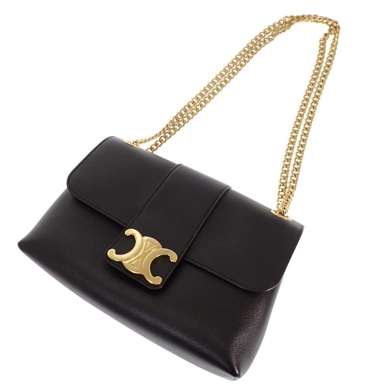 Celine Victoire Chain Shoulder Bag 2-Way Triomphe Calfskin Black Gold — view 8