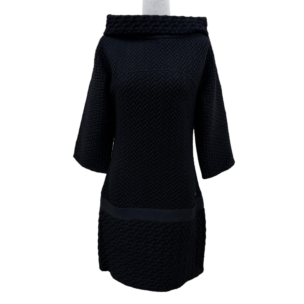 Chanel Wool Here Button Boat Neck Knit Long Sleeve Dress Black 36