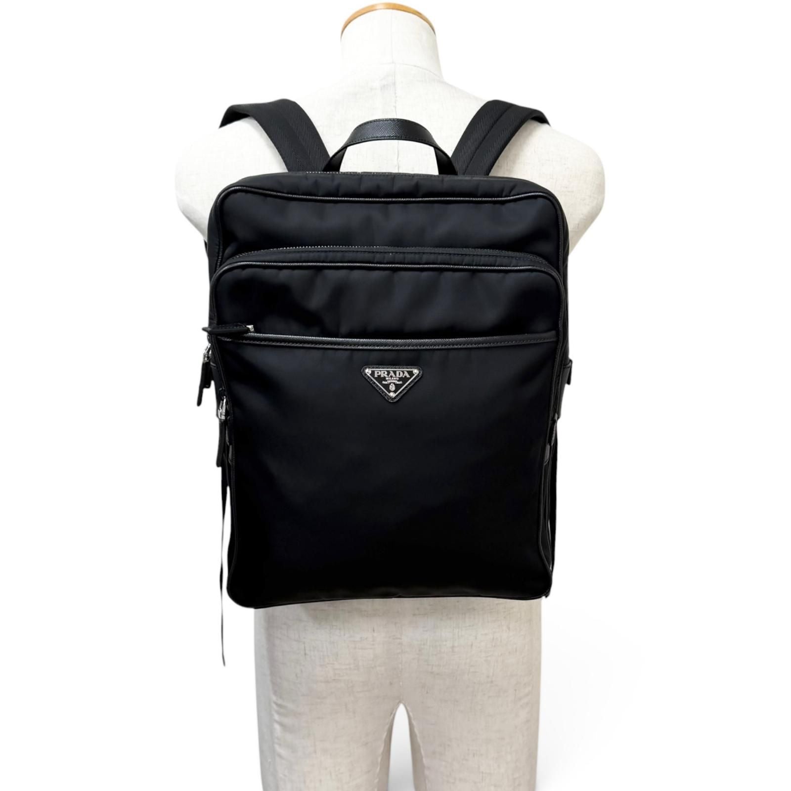 Prada Triangle Logo Re-Nylon Saffiano Leather Backpack with Day Pack Black — view 3