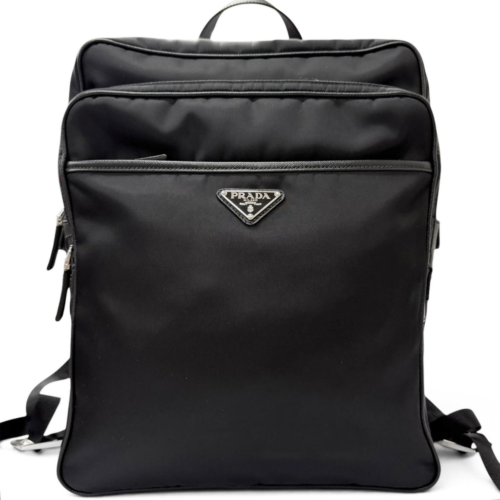 Prada Triangle Logo Re-Nylon Saffiano Leather Backpack with Day Pack Black