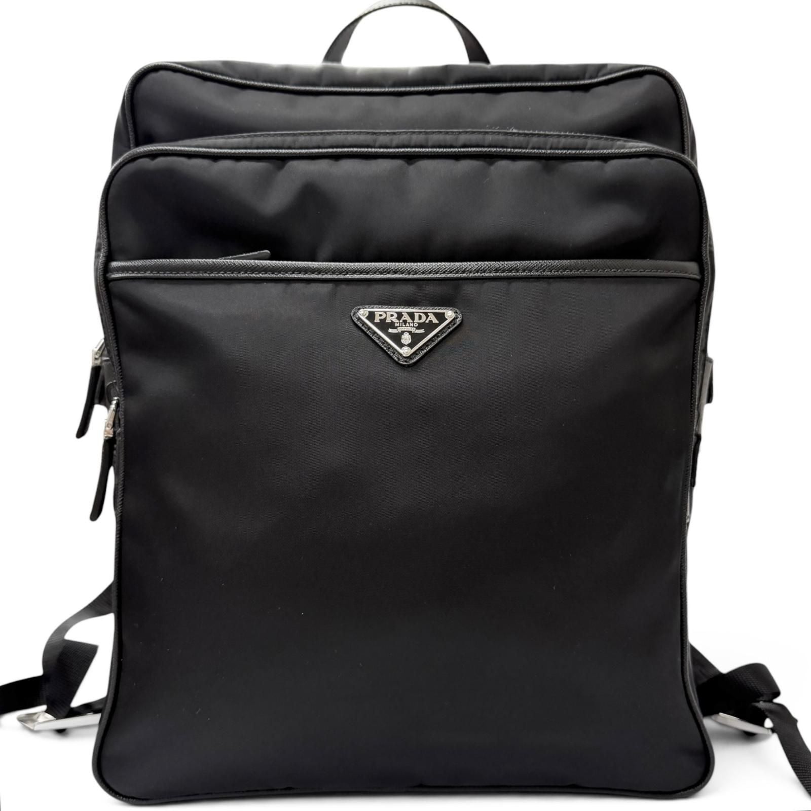 Prada Triangle Logo Re-Nylon Saffiano Leather Backpack with Day Pack Black