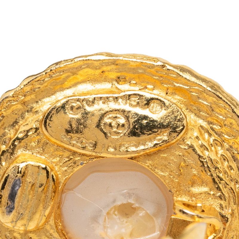 Chanel Logo Round Circle Earrings Gold Faux Pearl Plated — view 3