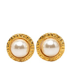 Chanel Logo Round Circle Earrings Gold Faux Pearl Plated