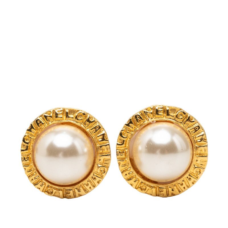 Chanel Logo Round Circle Earrings Gold Faux Pearl Plated