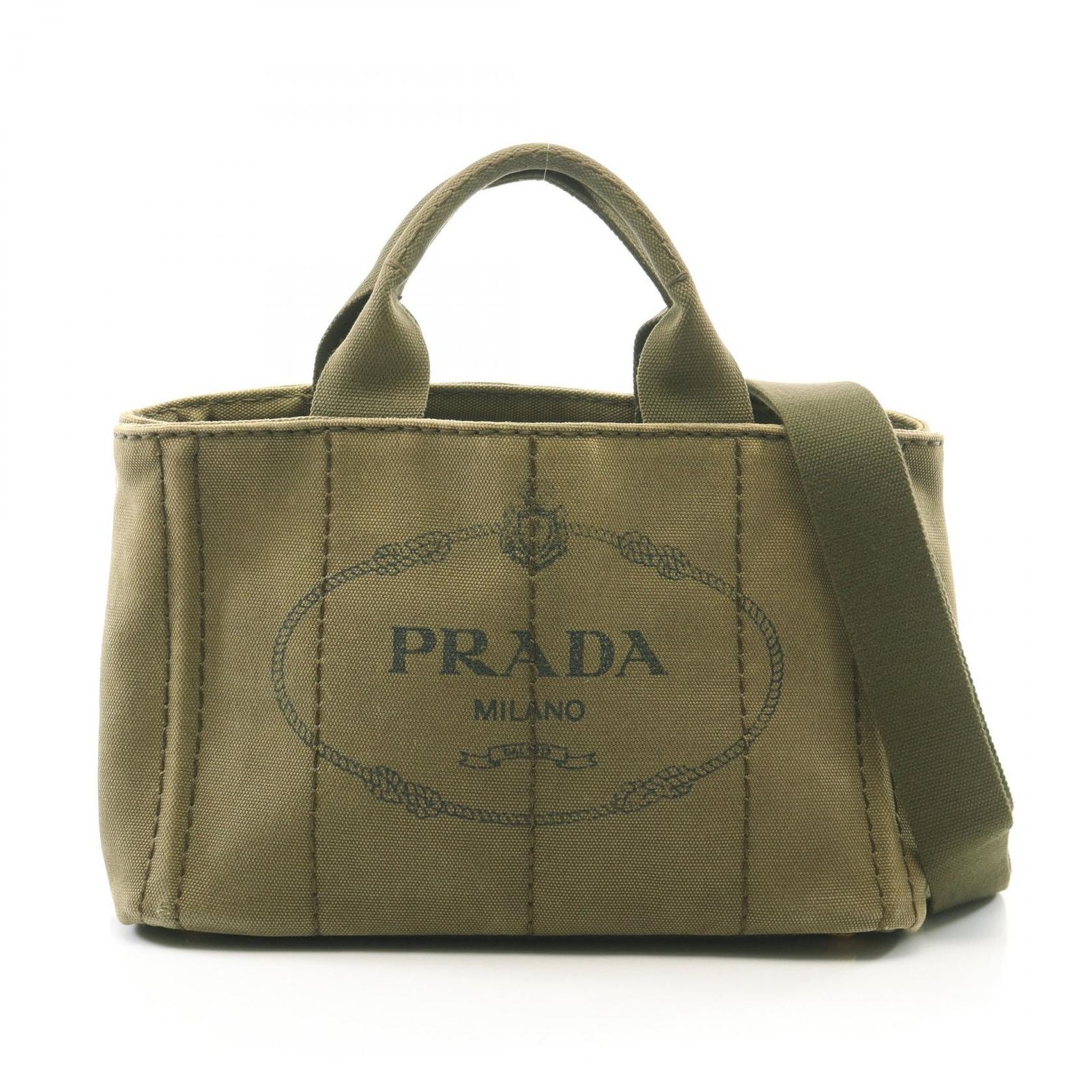 Prada Tote Canapa 2-Way Khaki Black Canvas Mini