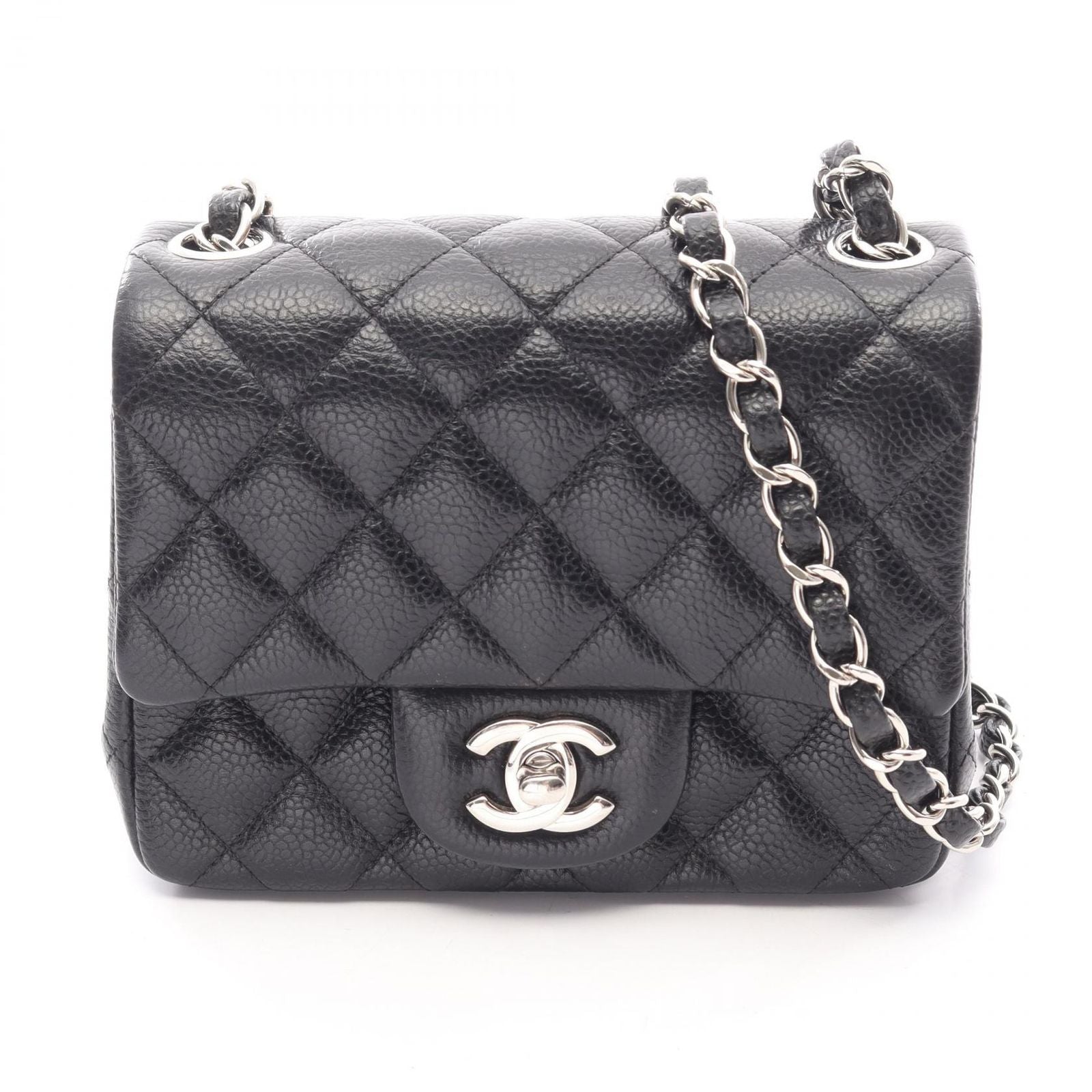 Chanel Shoulder Bag Mini Quilted Black Caviar Leather Chain