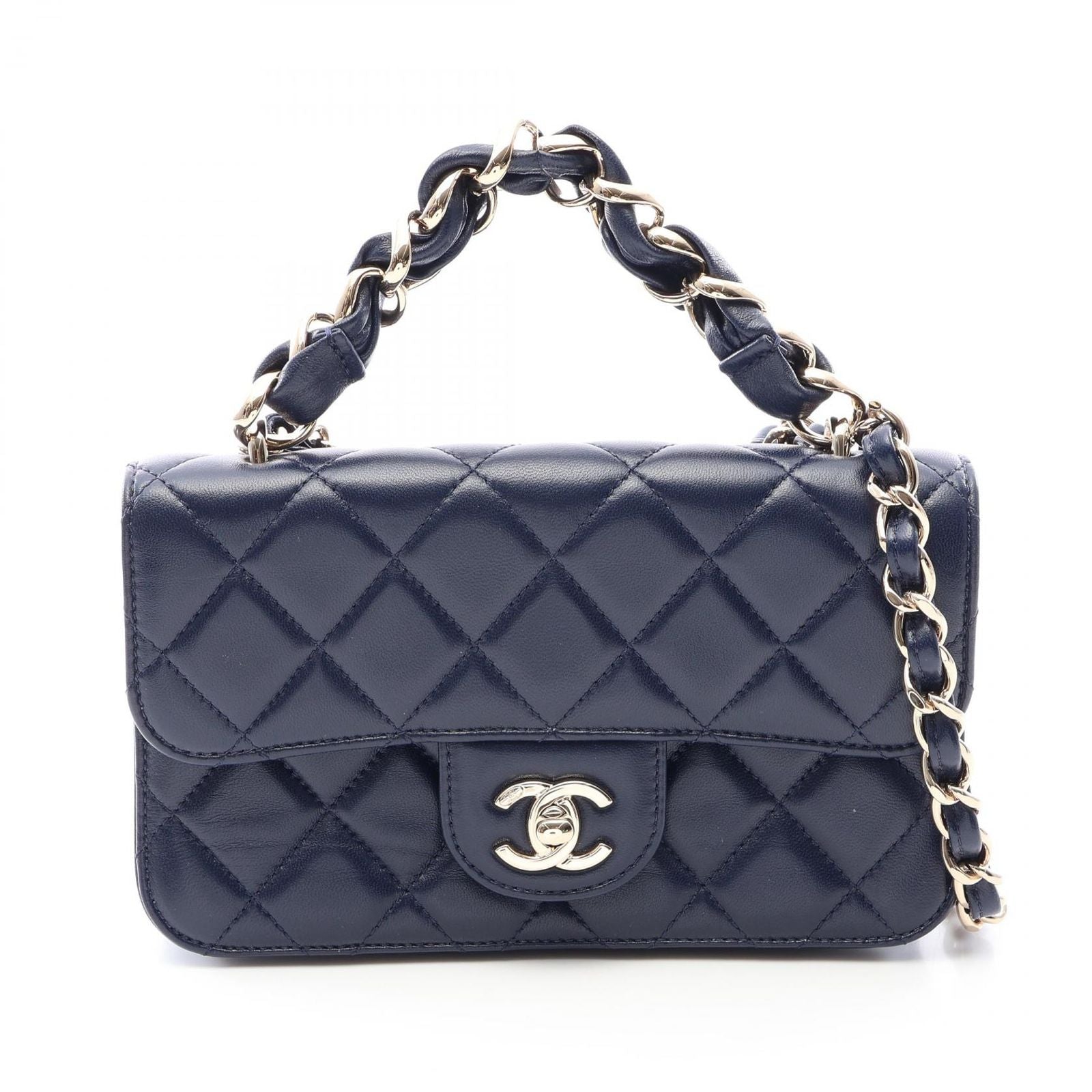 Chanel Shoulder Bag Quilted 2-Way Navy Lambskin Small Flap Chain