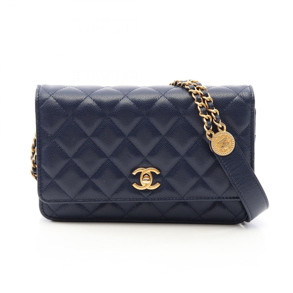 Chanel Shoulder Bag Quilted Navy Caviar Leather Chain Wallet